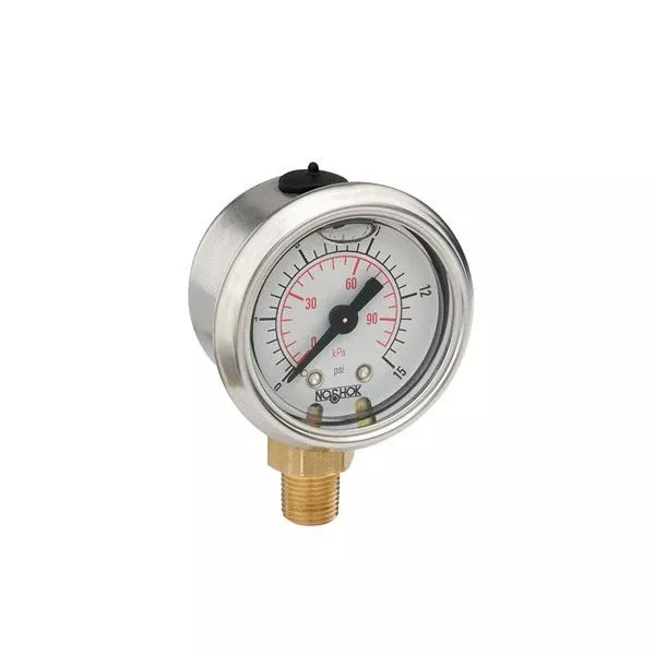2" NOSHOK 900 Series Acrylonitrile Butadiene Styrene (ABS) & Stainless Steel Liquid Filled Pressure Gauges, 20-911-30/160-psi/kPa, 304 SS Case, Copper Alloy Internals, 30/160 psi/kPa, 1/4" NPT Male Back Connection, Glycerin Filled