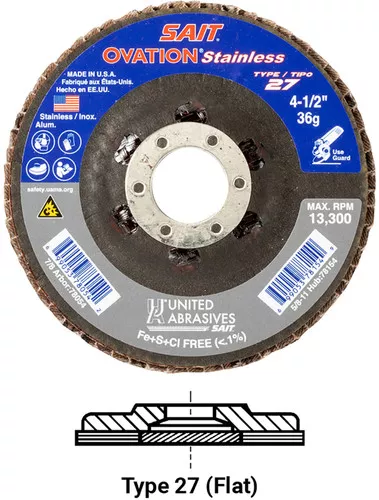 United Abrasives SAIT 78155 Ovation Stainless High Density Flap Disc | 4-1/2" Diameter | 5/8"-11 Arbor Hole | Aluminum Oxide 40 Grit | Type 27 | Sold by Pack of 10